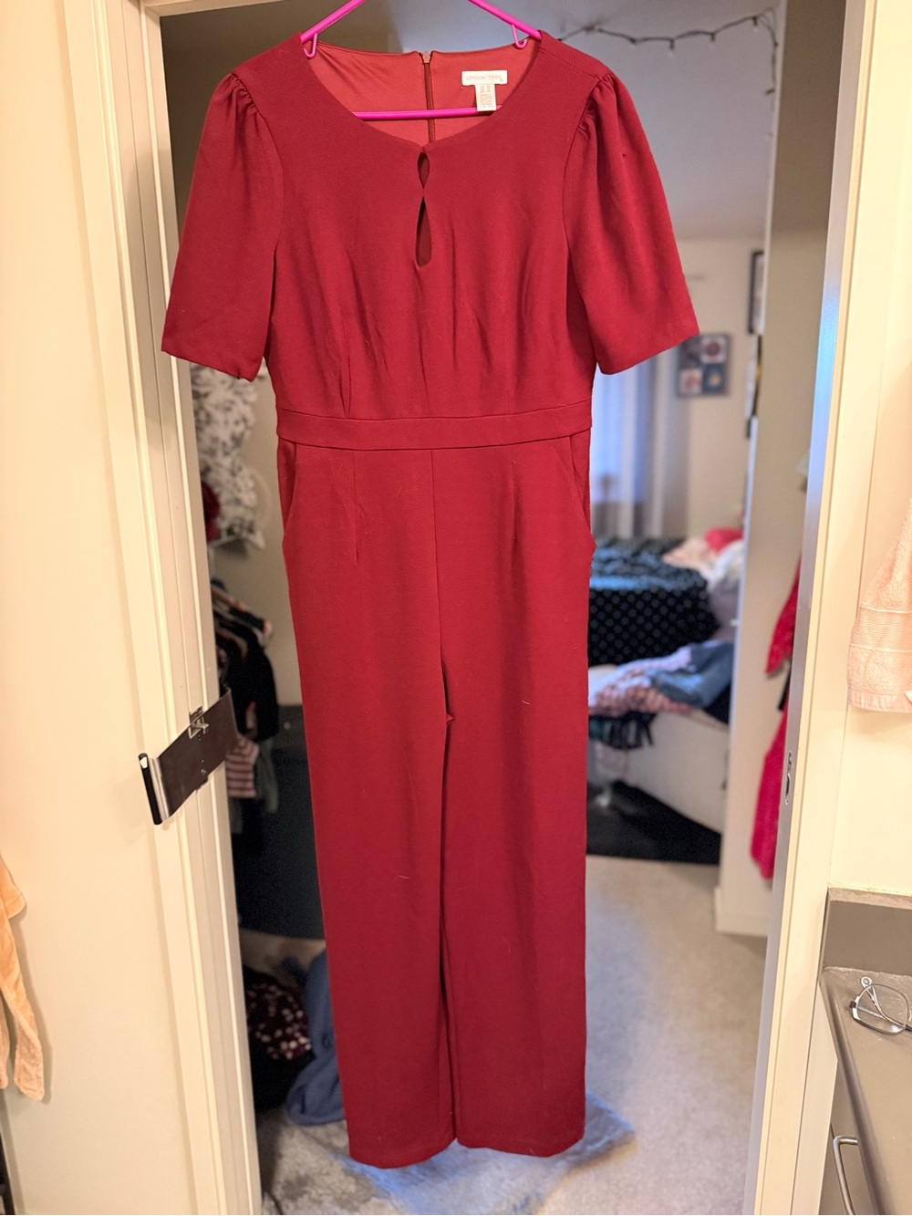 London Times Wine-Red Short-Sleeve Jumpsuit